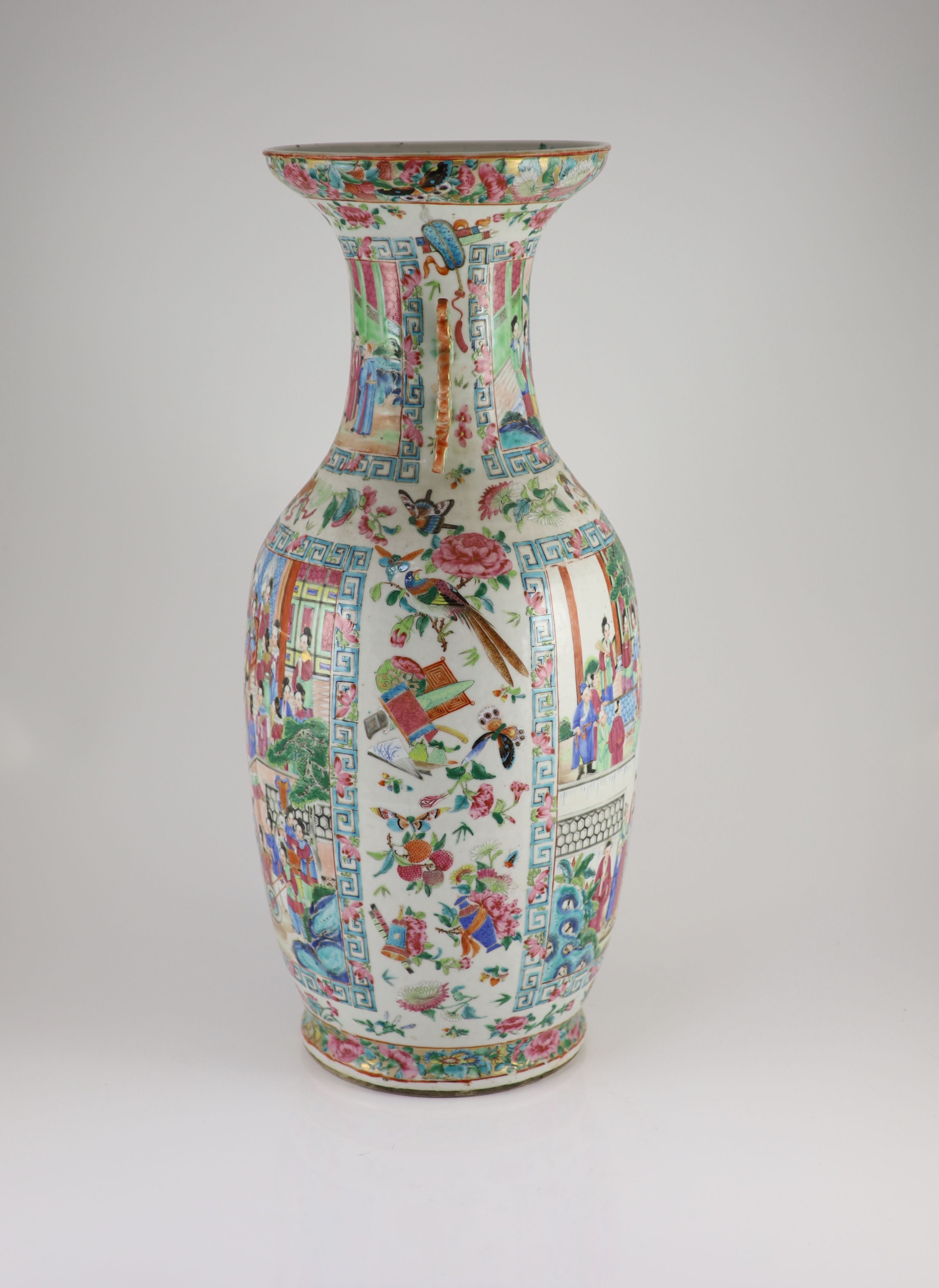 A pair of large Chinese famille rose twin handled vases, mid 19th century, 60 cm high, one vase broken and repaired